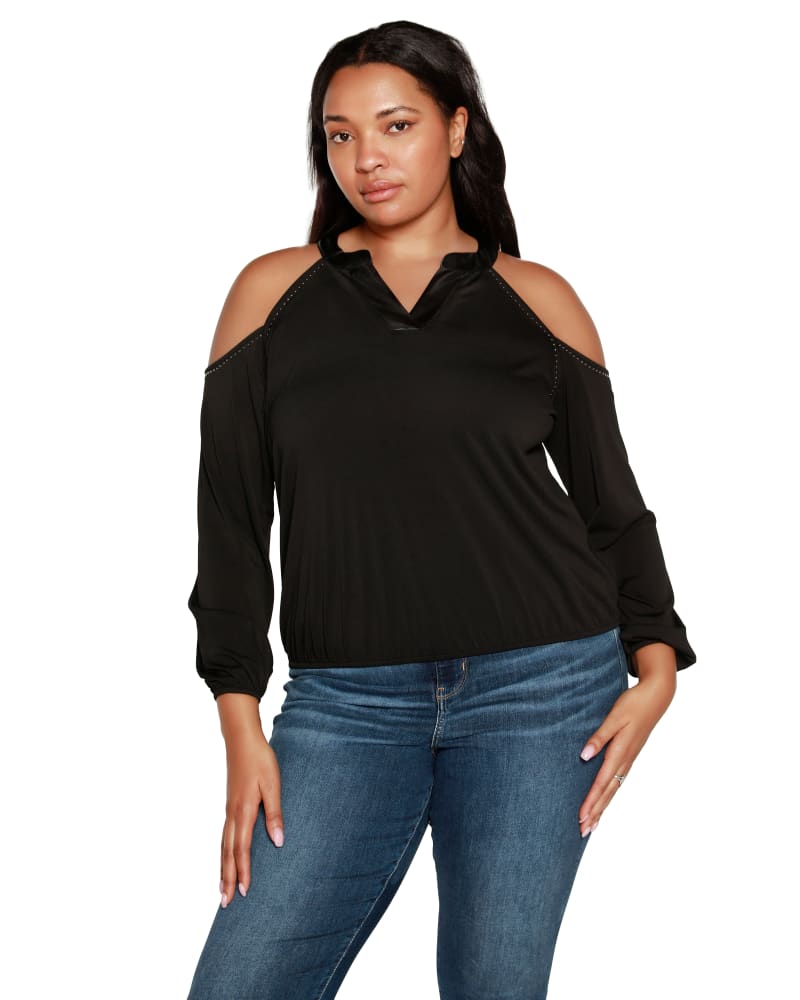 Front of a model wearing a size 2X Studded Cold-Shoulder Top in Black by Belldini Black Label. | dia_product_style_image_id:309863